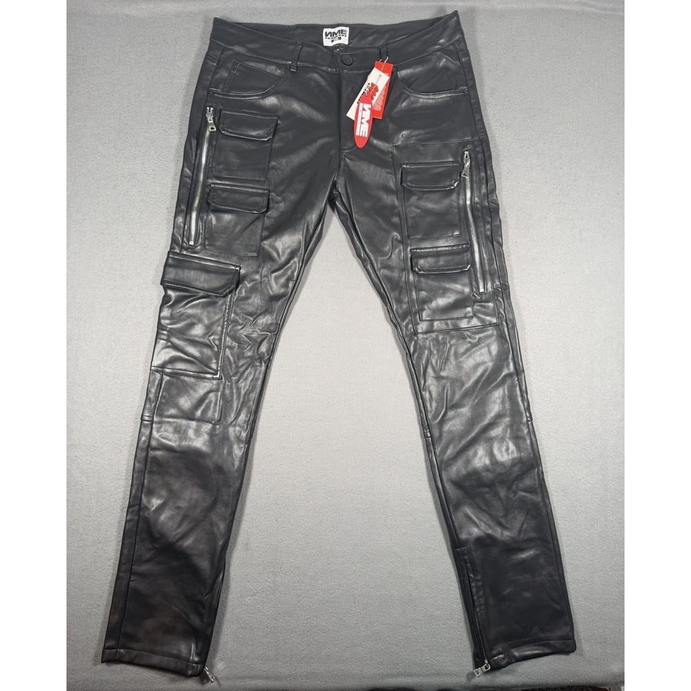 NME NYC MONTY551 Men's PU Jet Black Leather Cargo Pants Size 36 NWT